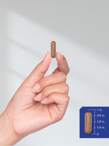 View 7 Hand holding a capsule with a size reference on a gray background