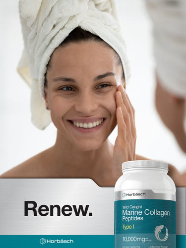 Woman with a towel on her head smiling next to a bottle of Hertäsch Marine Collagen Peptides.