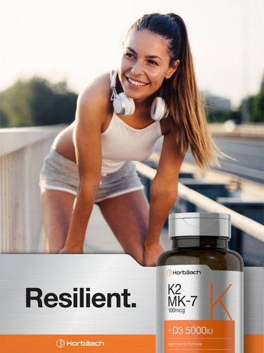 Woman exercising outdoors with a supplement bottle labeled 'K2 MK-7' in the foreground.