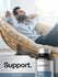Man relaxing on a couch with a bottle of Glutathione supplement in the foreground.