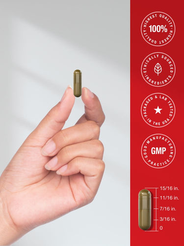 View 7 Hand holding a supplement capsule with certification logos on a red background