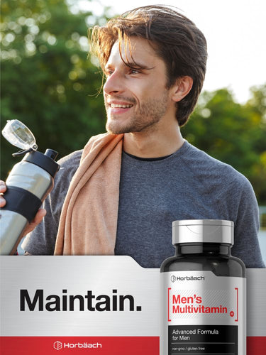 View 7 Man holding a water bottle with a supplement bottle labeled 'Men's Multivitamin' in the foreground.