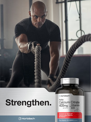 View 7 Man pulling ropes with a supplement bottle labeled 'Horbach' on a 'Strengthen.' branded background