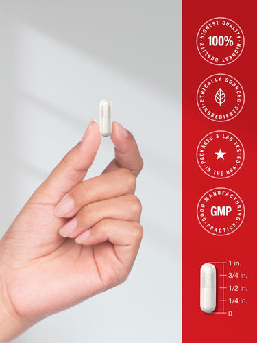Hand holding a white capsule with certification logos on a red background