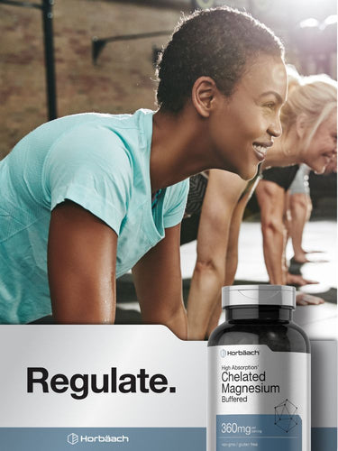 View 7 Person exercising with a bottle of Horbaach Chelated Magnesium supplement in the foreground.
