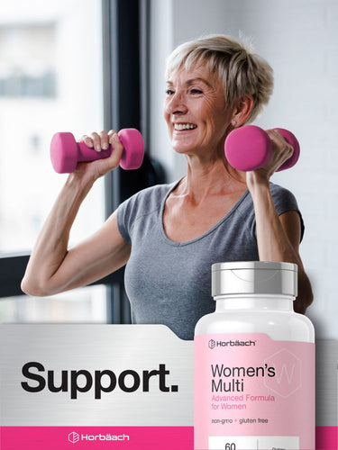 Woman exercising with pink dumbbells next to a bottle of Horbaach Women's Multi supplement.