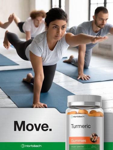 People exercising in a gym with a bottle of Turmeric Gummies in the foreground.