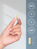 Hand holding a yellow capsule with product certification icons and dimensions on a gray background