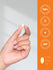 view 7 Hand holding a yellow pill with an orange label featuring product certification logos on a gray background