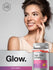 Woman with a bottle of Hair, Skin & Nails gummies with 'Glow' text.