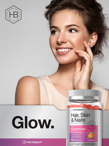 View 7 Woman with a bottle of Hair, Skin & Nails gummies with 'Glow' text.