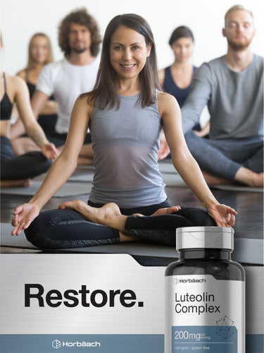 Person meditating with a bottle of Luteolin Complex supplement in the foreground.