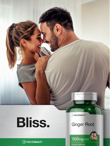 View 9 Bottle of Ginger Root supplement with a couple embracing in the background, branded 'Bliss'.
