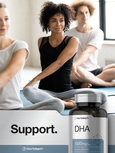 Bottle of DHA supplement with people in the background