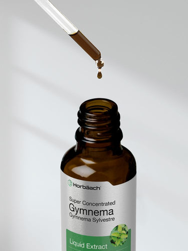 Brown glass bottle of Gymnema Sylvestre liquid extract with dropper on a white background