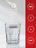 Powder being added to a glass of water with certification logos on a red background