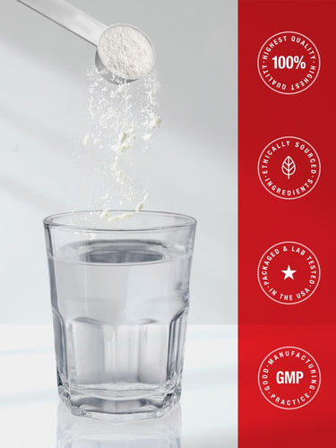 View 12 Powder being added to a glass of water with certification logos on a red background