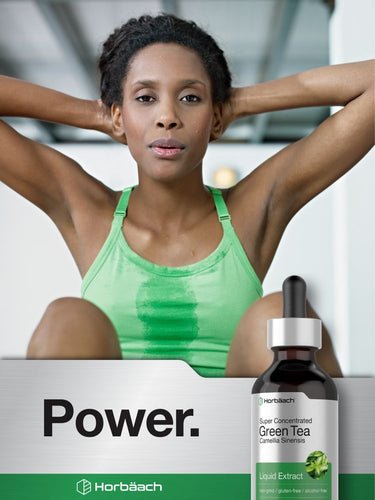 Woman in green tank top with Horbaach Green Tea supplement bottle on a 'Power.' branded background