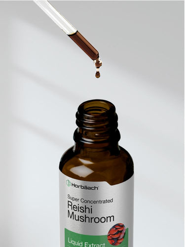 View 7 Bottle of Reishi Mushroom liquid extract with a dropper on a light gray background
