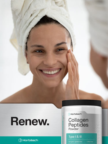 Woman applying collagen peptides powder with product packaging in the foreground.