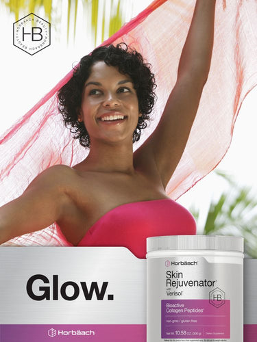 View 7 Woman in pink top with 'Glow' text and skin rejuvenation product bottle.