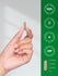 Hand holding a cylindrical metal object with green certification logos and text on the right.