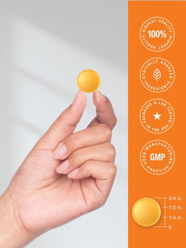 Hand holding a yellow supplement capsule with branding and certification logos on an orange background