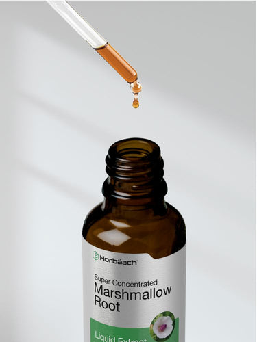 View 7 Brown bottle labeled 'Super Concentrated Marshmallow Root' with a dropper dispensing liquid.