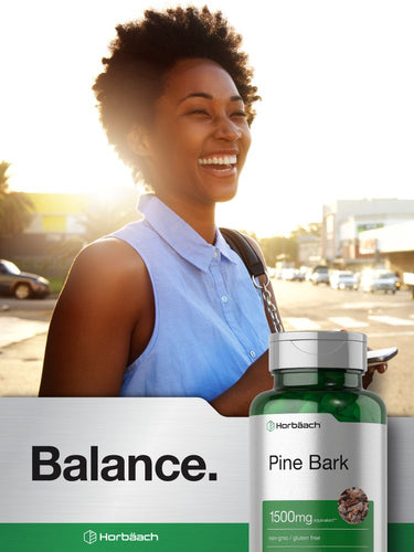 Woman smiling outdoors with a bottle of Pine Bark supplement in the foreground.