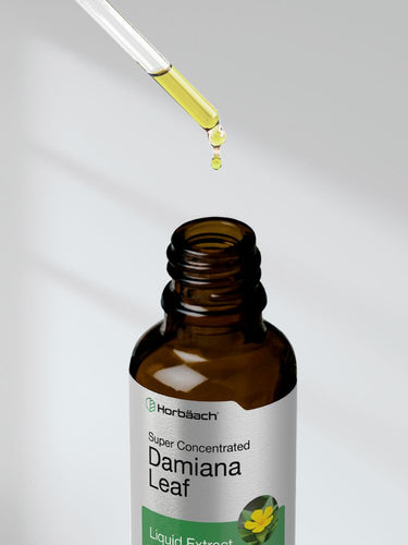 Brown bottle labeled 'Super Concentrated Damiana Leaf Liquid Extract' with dropper adding liquid.