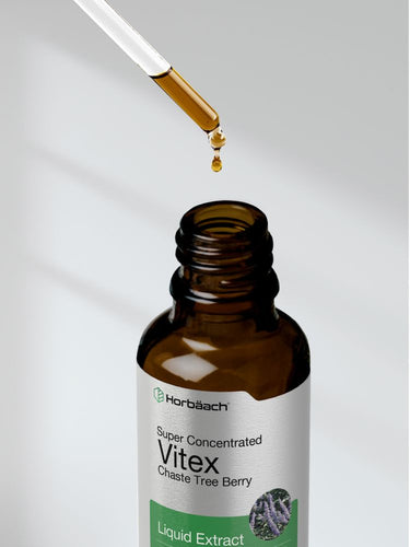 View 8 Brown bottle labeled 'Super Concentrated Vitex Chaste Tree Berry' with dropper adding liquid.