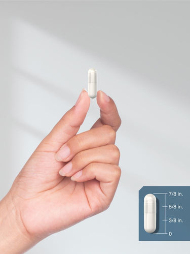 View 8 Hand holding a white capsule with measurement inset on a light gray background