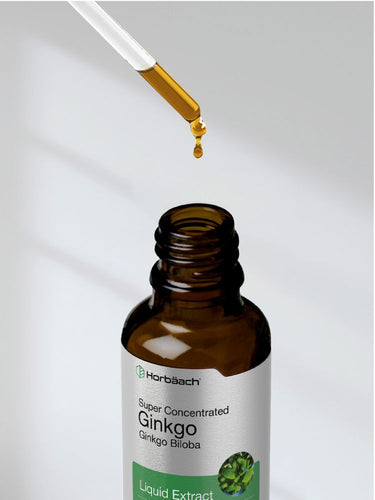 View 8 Bottle of Ginkgo Biloba liquid extract with dropper on a neutral background