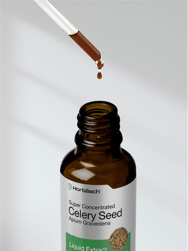 Bottle of HerbAch Super Concentrated Celery Seed Liquid Extract with a dropper.