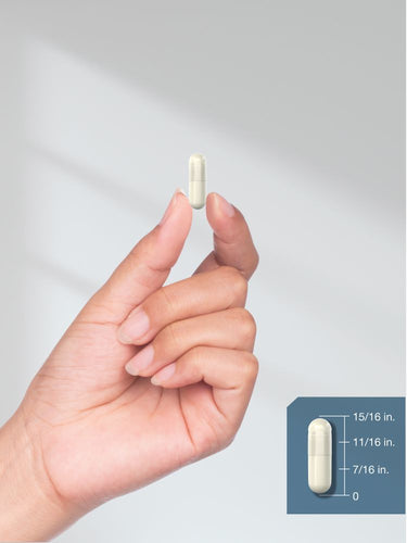View 8 Hand holding a white capsule with size measurement scale on a gray background