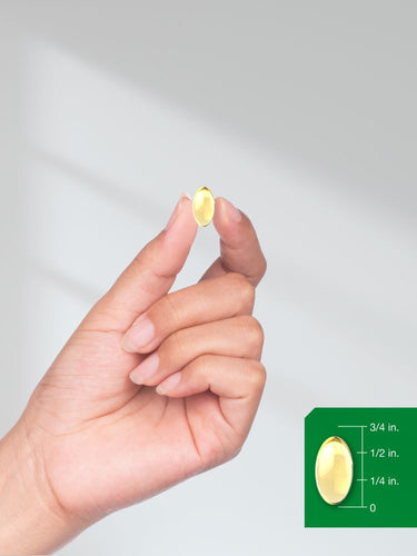 Hand holding a yellow supplement capsule with size measurement inset.