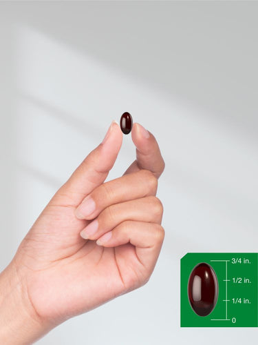 Hand holding a dark red capsule with size reference on a green background.