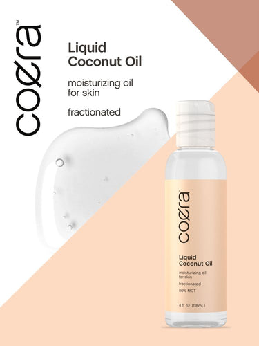 Coora Liquid Coconut Oil bottle on a white and beige background