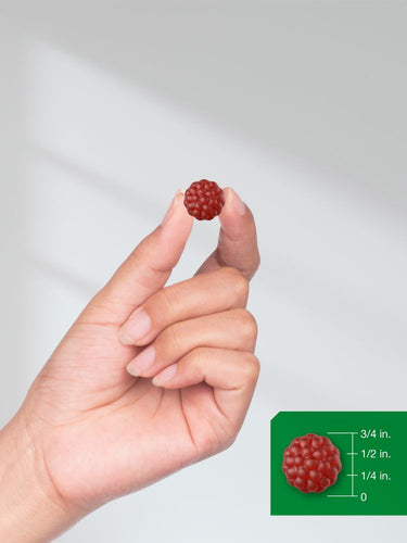 Hand holding a small red raspberry with a size measurement chart in the corner.