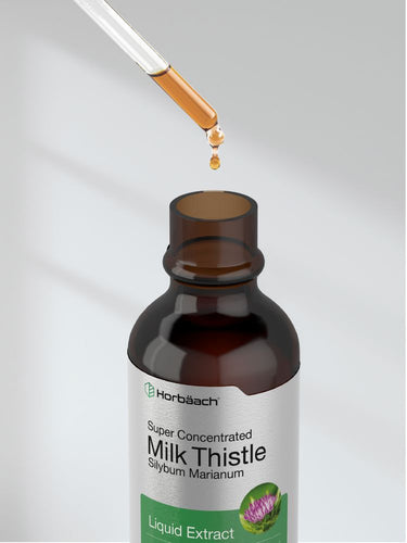 View 8 Bottle of Horbaach Super Concentrated Milk Thistle Liquid Extract with dropper on a gray background