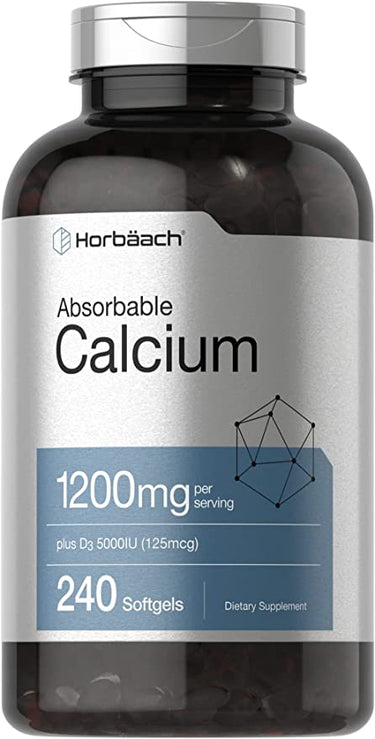 A bottle of Horbaach Absorbable Calcium supplement containing 1200mg of calcium per serving, with 240 softgels inside.