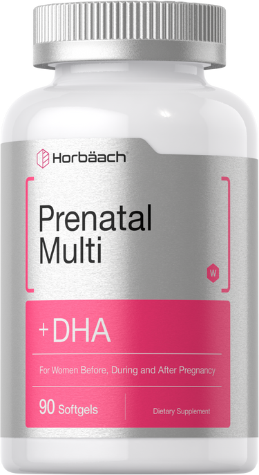 A bottle of Horbaach Prenatal Multi vitamins with 90 softgels, focused on providing nutritional support during pregnancy.