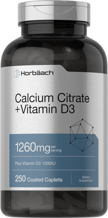 A bottle of Horbaach Calcium Citrate with Vitamin D-3, containing 250 coated caplets, with a blue and white label.