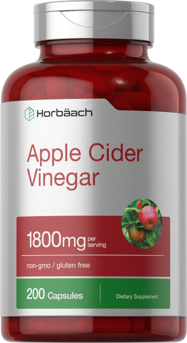 A bottle of Horbaach Apple Cider Vinegar supplement with 1800mg per serving and 200 capsules. The label indicates non-GMO and gluten-free.