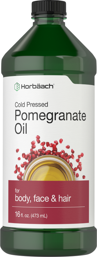 Bottle of Horbaach Cold Pressed Pomegranate Oil for body, face & hair, showing the product label with red pomegranate graphics against a white background.