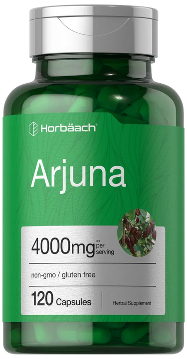 View 1 Green supplement bottle labeled 'Arjuna' with 'Horbaach' branding on a white background