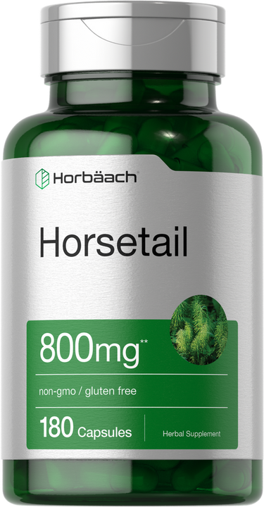 Horsetail supplement bottle with green label and silver cap on white background