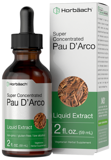 View 1 Horbäach Pau D'Arco liquid extract bottle and packaging on a white background