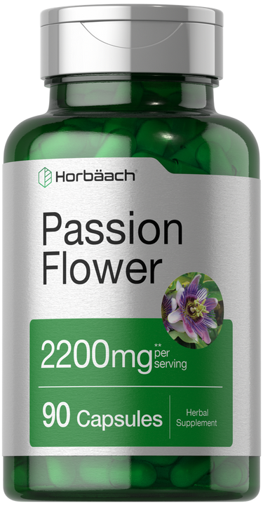 Bottle of Horbaach Passion Flower capsules with green label and silver cap.