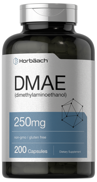 View 1 Supplement bottle labeled 'DMAE' with Horbaach branding on a white background